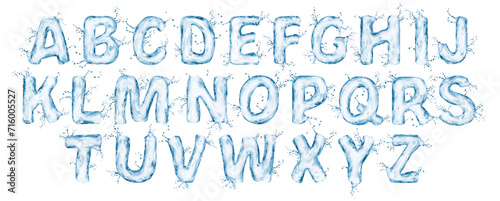 Realistic water font  flow splash type  liquid aqua typeface  transparent wet english alphabet vector letters with drops and bubbles  3d typography. Blue water abc letters with flowing liquid effect