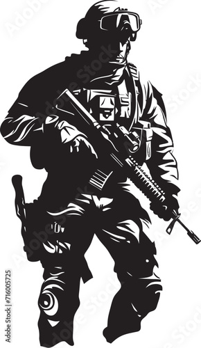 Commando Precision Elegant Vector Soldier Holding Gun Emblem Strategic Vigilance Vector Black Iconic Soldier with Gun in Elegant Design