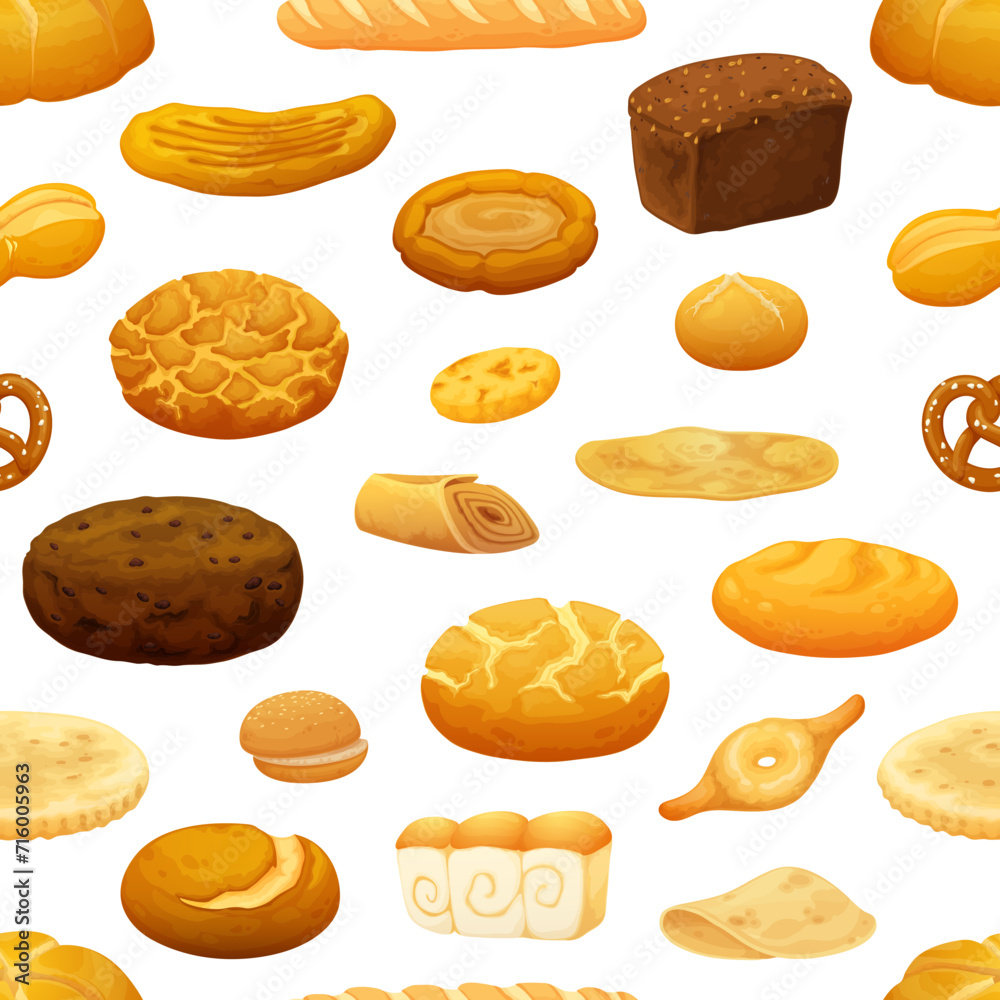 Bread and bakery seamless pattern. Wrapping paper seamless background, fabric vector backdrop or wallpaper pattern with pretzel, barmbrack, tandoor, cunape and crunch tiger, shokupan bakery bread Bread and bakery seamless pattern. Wrapping paper seamless background, fabric vector backdrop or wallpaper pattern with pretzel, barmbrack, tandoor, cunape and crunch tiger, shokupan bakery bread