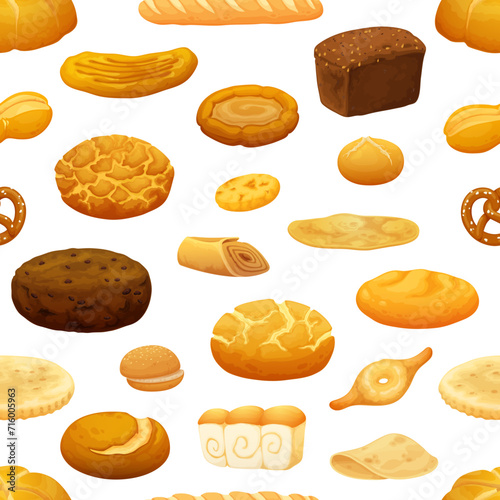 Bread and bakery seamless pattern. Wrapping paper seamless background, fabric vector backdrop or wallpaper pattern with pretzel, barmbrack, tandoor, cunape and crunch tiger, shokupan bakery bread photo