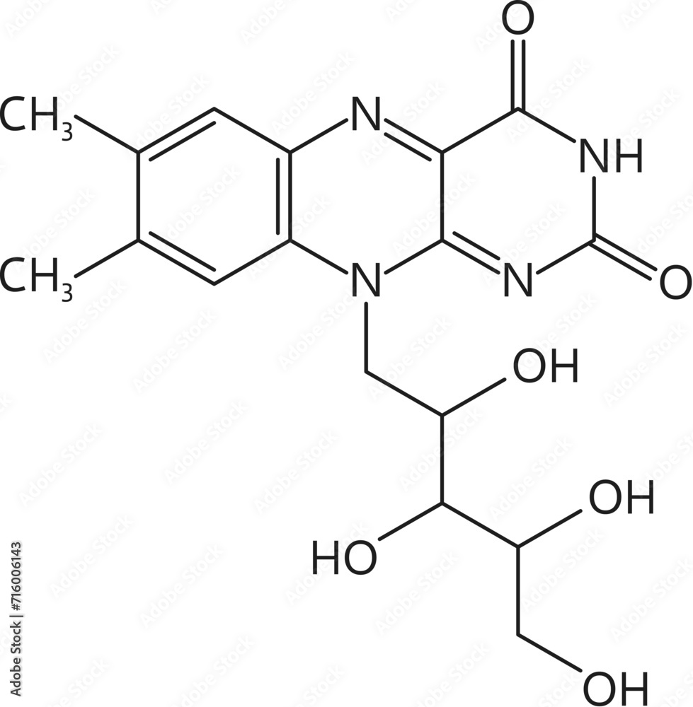 Vitamin b2, riboflavin molecular formula, vector structure c17h20n4o6 consists of a central benzene ring with a ribitol side chain, essential for energy metabolism in the body, and tissue maintenance Vitamin b2, riboflavin molecular formula, vector structure c17h20n4o6 consists of a central benzene ring with a ribitol side chain, essential for energy metabolism in the body, and tissue maintenance
