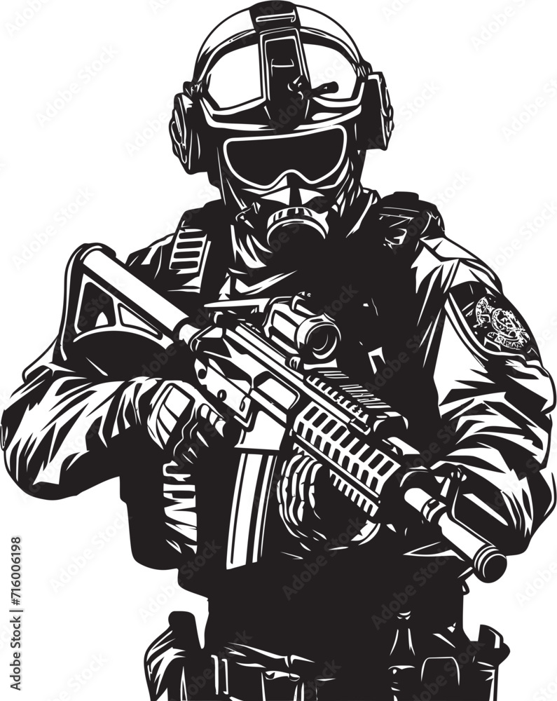 Naklejka premium Tactical Guardian Vector Black Icon Design for Soldier Holding Gun Warrior Emblem Black Iconic Soldier with Gun Logo in Vector