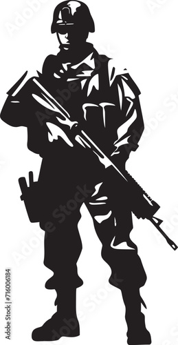 Tactical Guardian Vector Soldier with Gun Black Icon in Elegant Style Warrior Defender Elegant Vector Soldier Holding Gun Black Icon in Style © BABBAN