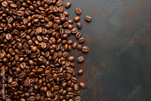 a lot of coffee beans lying on top of each other, for the background, top view, empty space on the right