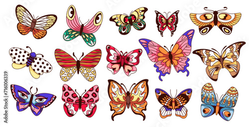Groovy butterfly set with different bright pattern on wings. Funny retro magic insects flying to flower, cute exotic summer and spring mascots and stickers of 70s 80s vector illustration