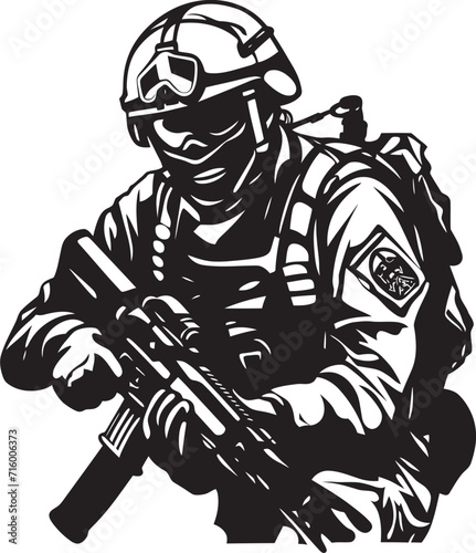 Tactical Vigilance Elegant Black Iconic Soldier with Gun Logo Warrior Sentinel Vector Black Icon Design for Soldier Holding Gun