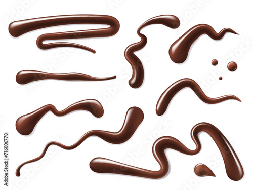 Chocolate sauce syrup swirls, splash drops and stains. Chocolate drink, melted chocolate dessert or yogurt and hot cacao realistic vector curvy lines and stains, choco sauce isolated 3d swirls set