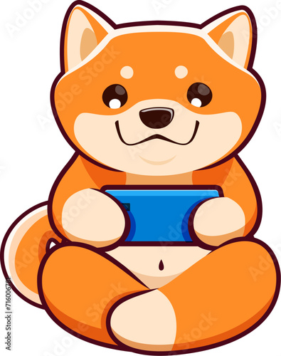 Cartoon kawaii cute pet shiba inu dog and puppy character plays smartphone game. Isolated vector tech-savvy japanese pup tapping screen with paws with excitement  engrossed into the interactive fun