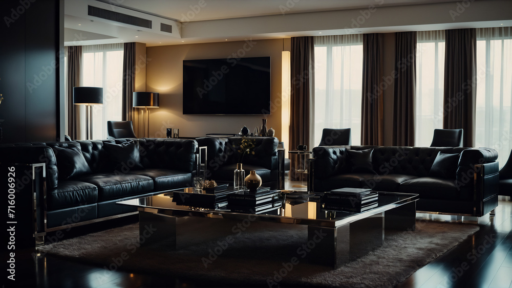 Interior design of a luxurious living room featuring stylish leather furniture Interior design of a luxurious living room featuring stylish leather furniture