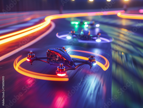 Racing Drones Speed Down a Racetrack © Rajko