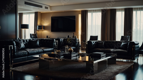 Interior design of a luxurious living room featuring stylish leather furniture