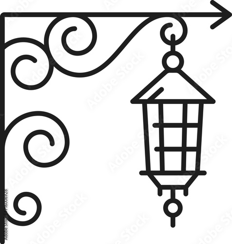 Vintage street lamp or candle chandelier light line icon, vector interior or outdoor illumination. Retro forged ornate hanging lamp with grate sconce for home interior or antique electric illumination