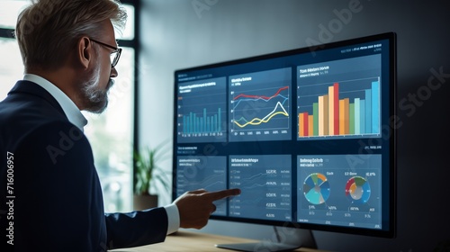 Advisor using KPI Dashboard on virtual screen.Business finance data analytics graph.Financial management technology.