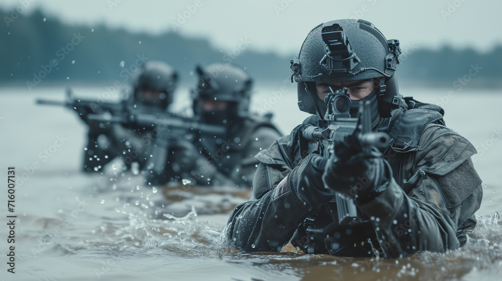 Military Operators Moving Through the Water Towards Their Objective Military Operators Moving Through the Water Towards Their Objective