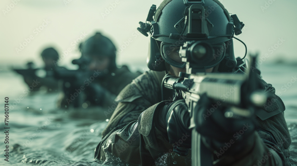 Military Operators Moving Through the Water Towards Their Objective Military Operators Moving Through the Water Towards Their Objective