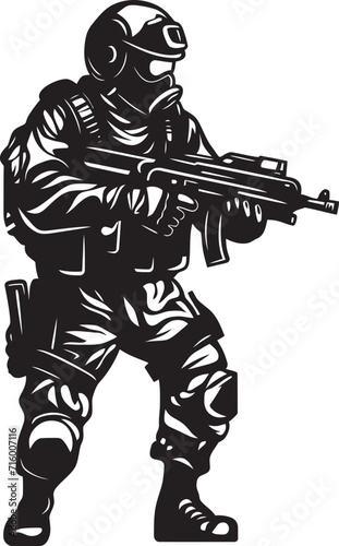 Military Precision Vector Black Icon Design for Soldier Emblem Combat Vigilance Elegant Soldier Holding Gun in Vector © BABBAN