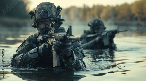 Military Operators Moving Through the Water Towards Their Objective