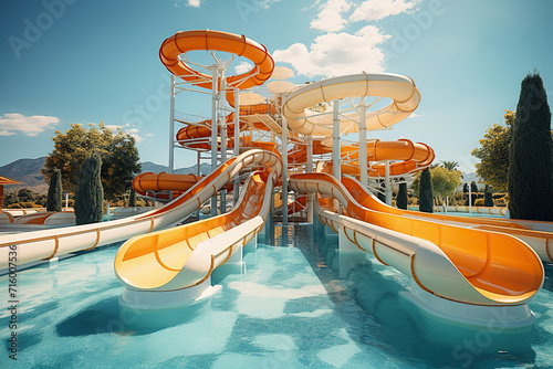Water park, bright colorful slides. Water park without people on a summer day with a beautiful blue sky. Generated by artificial intelligence photo