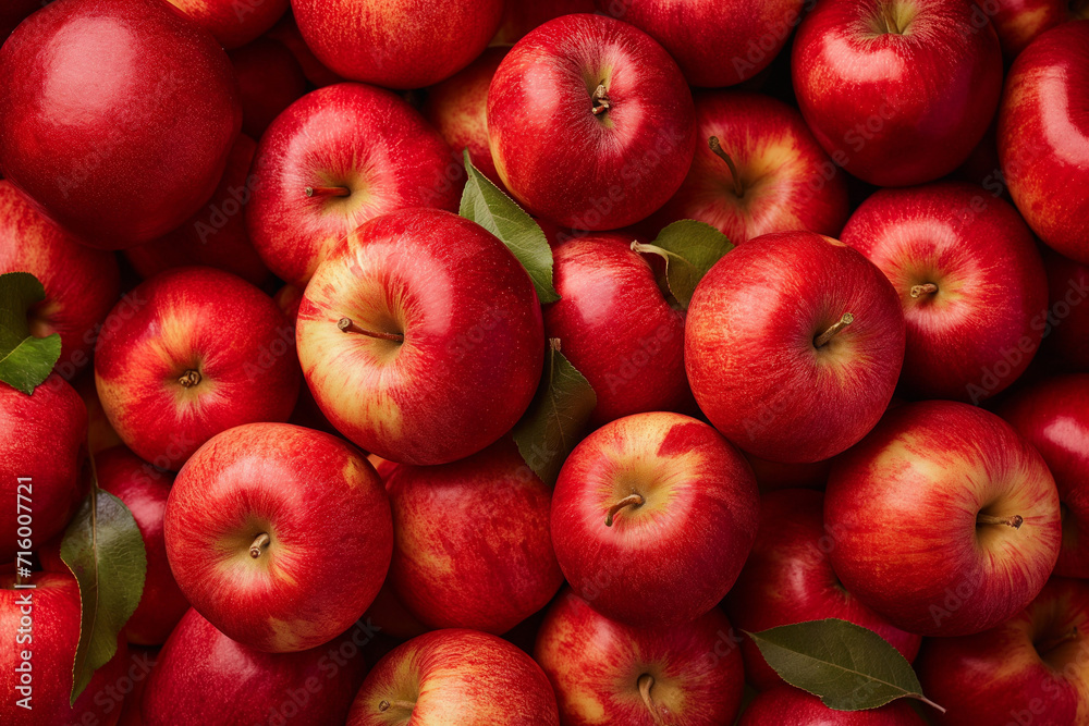 a lot of red apples with leaves lying on top of each other, for the background, top view a lot of red apples with leaves lying on top of each other, for the background, top view