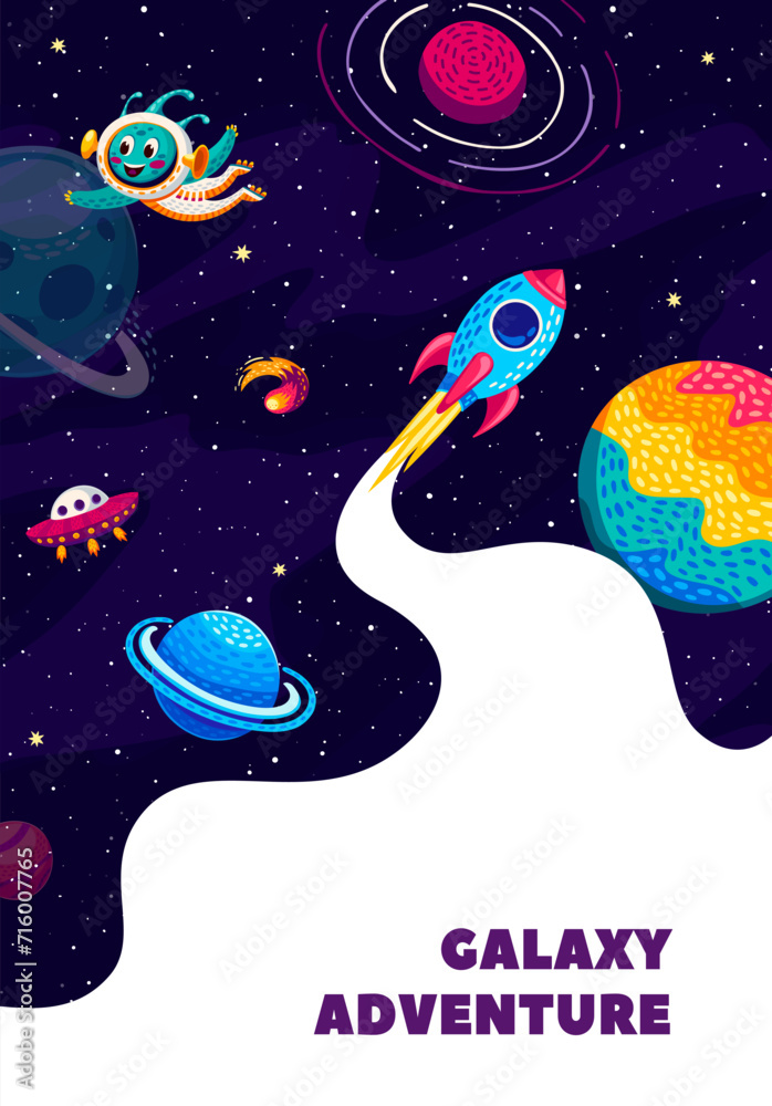 Galaxy adventure poster. Rocket spaceship launch, alien character, ufo and starry galaxy landscape with planets. Vector background with spacecraft with white smoke travel in Universe explore cosmos