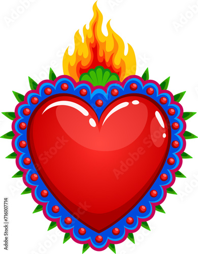 Mexican sacred heart with burning flame, vector tattoo or religious symbol. Sacred heart or Corazon Milagro of Mexican Catholic religion, Jesus God love and divine miracle sign with ethnic ornament