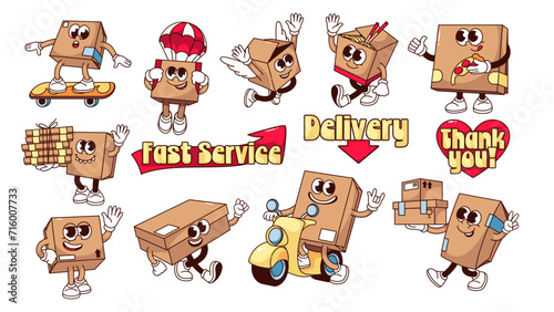 Groovy cardboard box cartoon characters set. Funny retro delivery mascots collection with cartoon courier boxes deliver store orders, stickers and typography patches of 70s 80s vector illustration