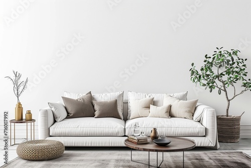 Modern living room design, minimal home decor with white sofa and neutral colors, interior mockup, 3d render