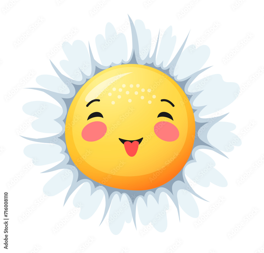 Cartoon chamomile smile, daisy flower or baby camomile character, vector emoji face. Chamomile or daisy flower kawaii emoticon with tongue out and shy blush on cheeks for kids mascot