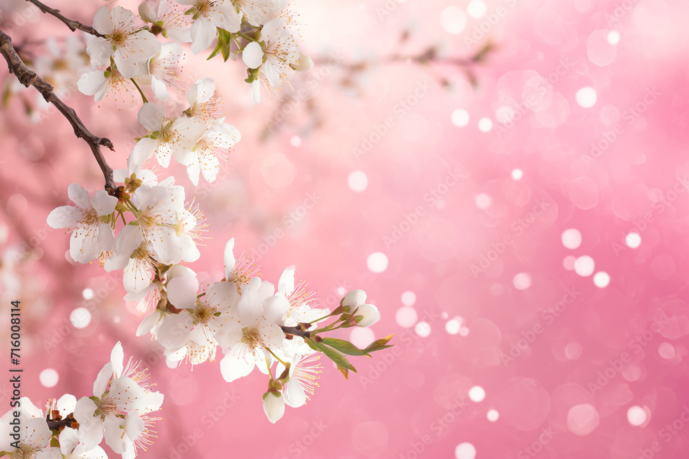 Spring pink border background with white blossom. Greeting card background with copy space Spring pink border background with white blossom. Greeting card background with copy space