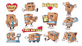 Groovy cardboard box cartoon characters and delivery stickers set. Funny retro badges with hippy bubble font, cartoon brown paper box mascots delivering parcels in 70s 80s style vector illustration