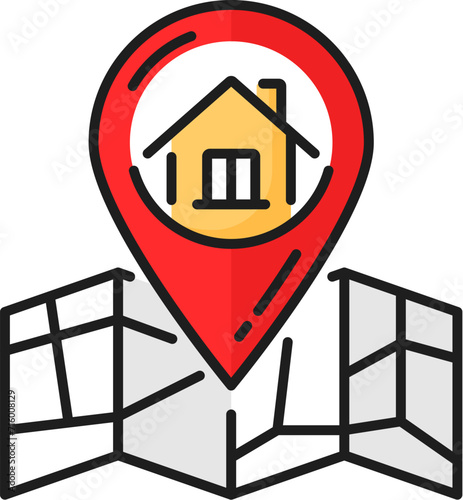 House location map icon for real estate, home apartment rent and residential property sales, line vector. Real estate pictogram of map and house location pin for residential building developers