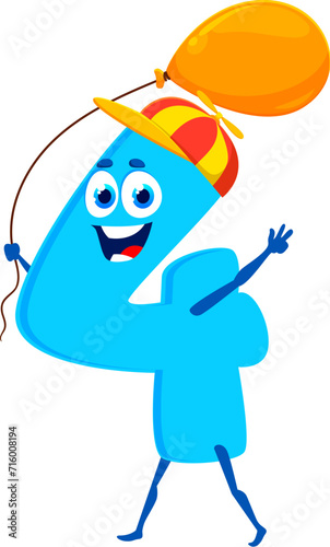 Cartoon funny math number four character. Isolated cute vector playful 4 figure donning cap with propeller holding balloon. Mathematics numeric baby personage with big round eyes, and cheerful smile