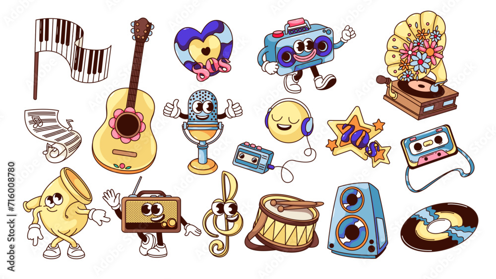 Groovy cartoon music characters and stickers set. Funny musical instruments and music players of 70s 80s, retro boombox and microphone, speakers and drum. Cartoon mascots and emoji vector illustration Groovy cartoon music characters and stickers set. Funny musical instruments and music players of 70s 80s, retro boombox and microphone, speakers and drum. Cartoon mascots and emoji vector illustration