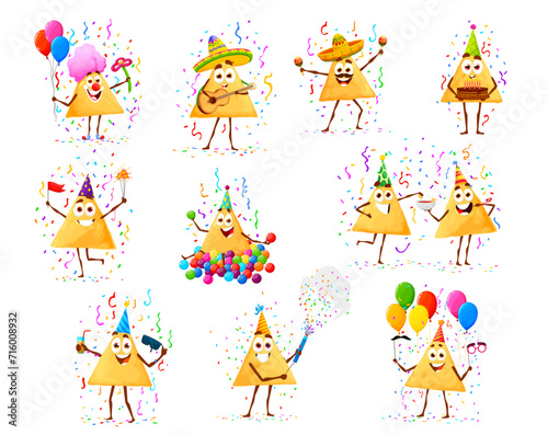 Cartoon nachos chips characters on birthday holiday anniversary. Mexican cuisine crispy shack cheerful clown and musicians personages, funny nachos with clapper, birthday cake, salsa dip and balloons