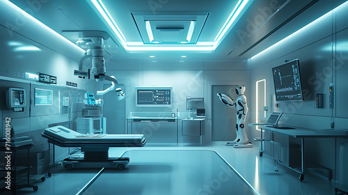Uma sala de hospital moderna com equipamento futurista e monitores integrados ao design O brilho suave das telas digitais ilumina o espaço criando uma atmosfera de tecnologia avançada e eficiência
