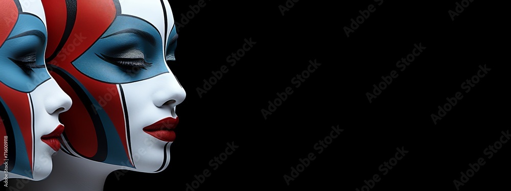 A Close-up portrait of two women heavily made up in red, white and blue in profile with space for text. A Close-up portrait of two women heavily made up in red, white and blue in profile with space for text.