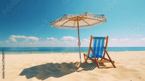 beach chair next to an umbrella on a beautiful beach in a beautiful blue sky in high resolution