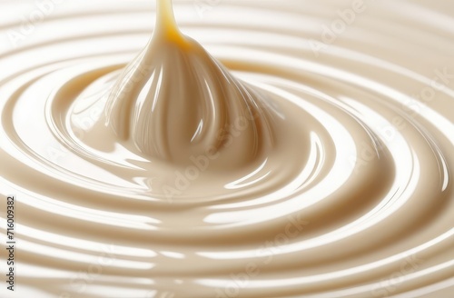 close up on stringy swirling milky fluid. abstract creamy texture, beige background.