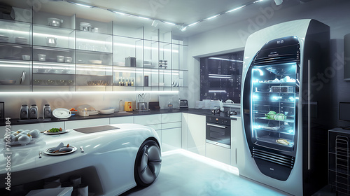 Uma cozinha moderna repleta de eletrodomésticos futuristas e elegantes  A iluminação suave realça as superfícies metálicas e as linhas limpas criando uma atmosfera de elegância inovadora photo
