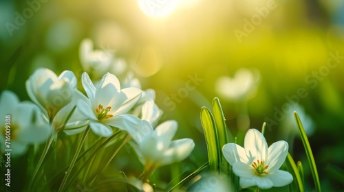 Luminous White Flowers Basking in the Warmth of a Sunset Glow in a Lush Meadow