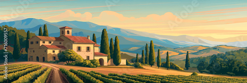 Enchanting Tuscan Villa Amidst Verdant Vineyards Overlooking Misty Mountains - A Vision of Rural Italian Splendor for Fine Art and Travel Enthusiasts 