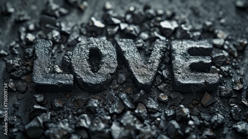 Carbon Love concept creative horizontal art poster. Photorealistic textured word Love on artistic background. Horizontal Illustration. Ai Generated Romance and Passion Symbol.