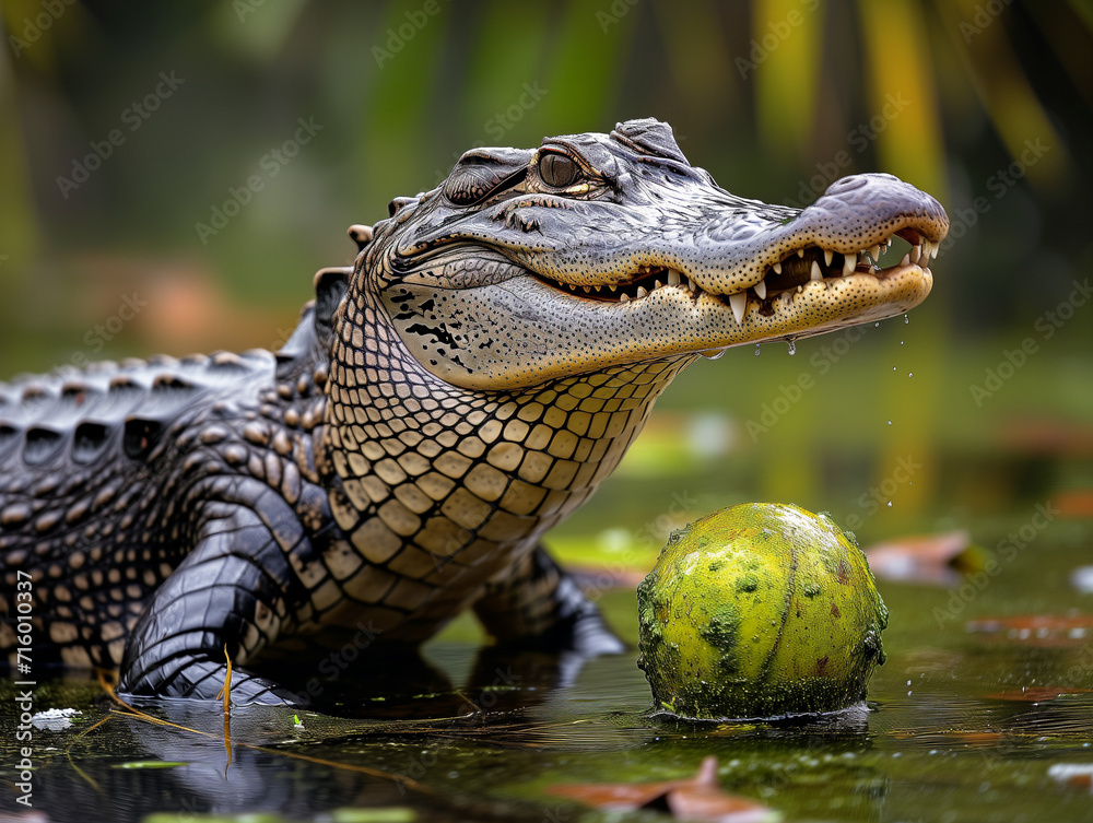 A Photo of an Alligator Playing with a Ball in Nature