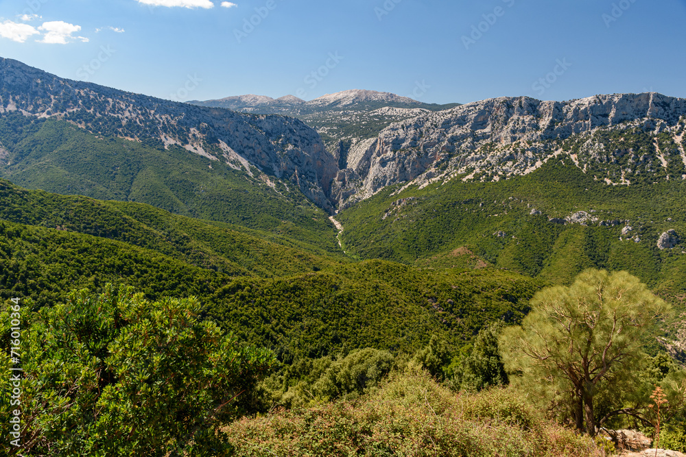 Panoramic view of the Supramonte in inner Sardinia with the entrance of the canyon of Gorropu in the background