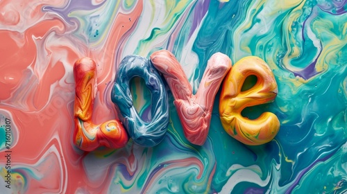 Colorful Marble Love concept creative horizontal art poster. Photorealistic textured word Love on artistic background. Horizontal Illustration. Ai Generated Romance and Passion Symbol.