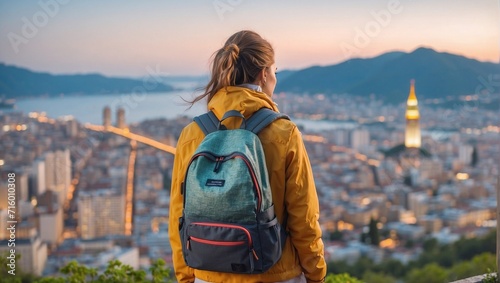 A woman on a solo backpacking vacation stands with her back to a blurred city background, Plan a Solo Vacation Day