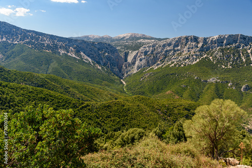 Panoramic view of the Supramonte in inner Sardinia with the entrance of the canyon of Gorropu in the background