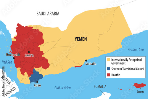 Vector graphic of Houthi control areas map in Yemen and Red Sea