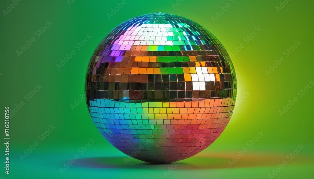 Disco or mirror ball with rainbow on green light background with lights and sparkles. Music and dance party background. Postcard, poster, flyer, banner for St. Patrick's Day. retro 80s and 90s concept Disco or mirror ball with rainbow on green light background with lights and sparkles. Music and dance party background. Postcard, poster, flyer, banner for St. Patrick's Day. retro 80s and 90s concept