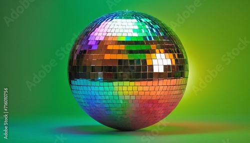Disco or mirror ball with rainbow on green light background with lights and sparkles. Music and dance party background. Postcard  poster  flyer  banner for St. Patrick s Day. retro 80s and 90s concept